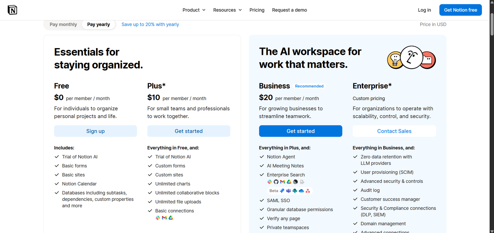 Notion pricing page showing Free, Plus at $10, Business at $20 and Enterprise plans