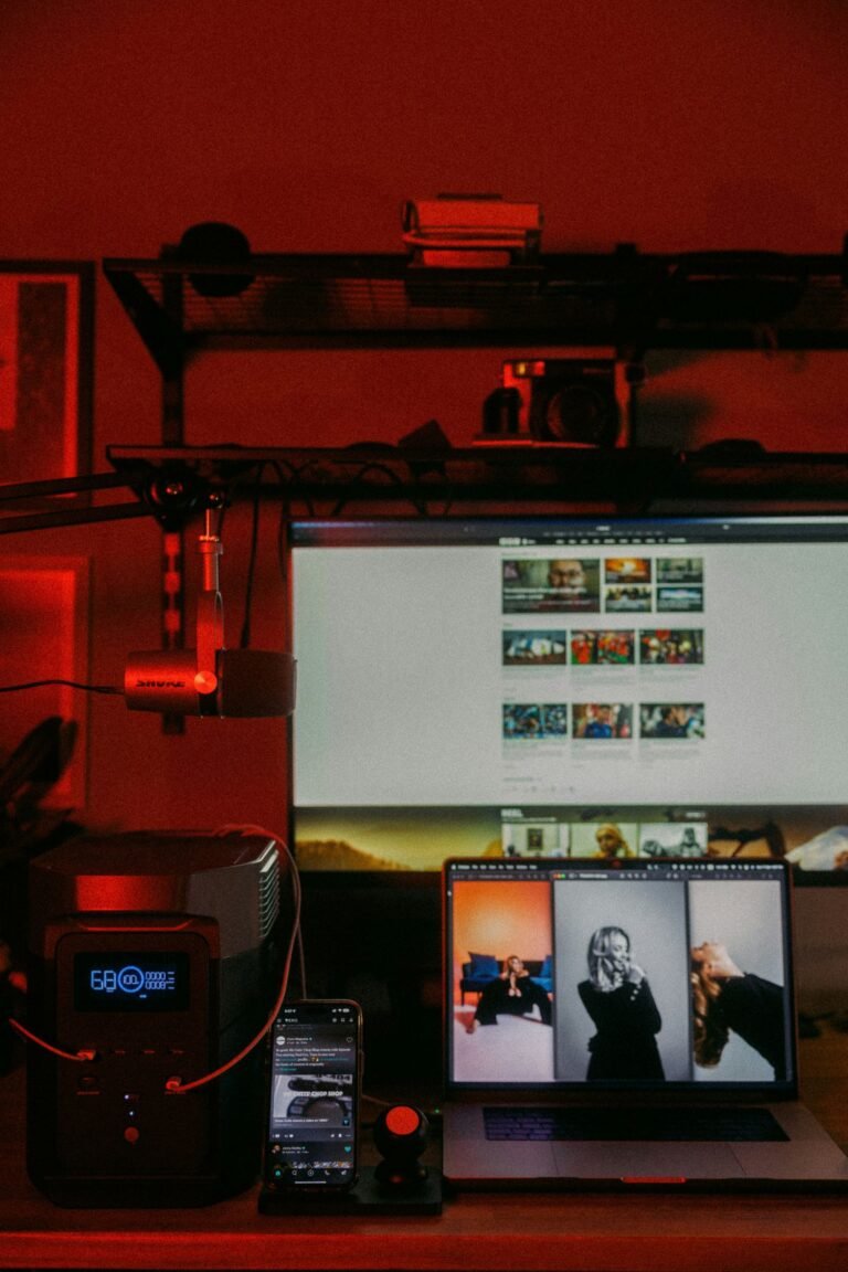 Desk setup with screens for recording