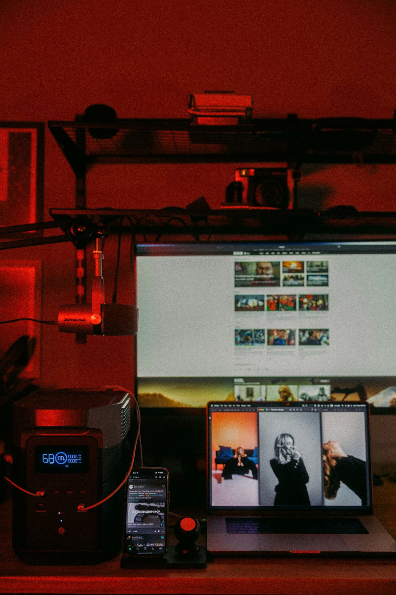 Desk setup with screens for recording